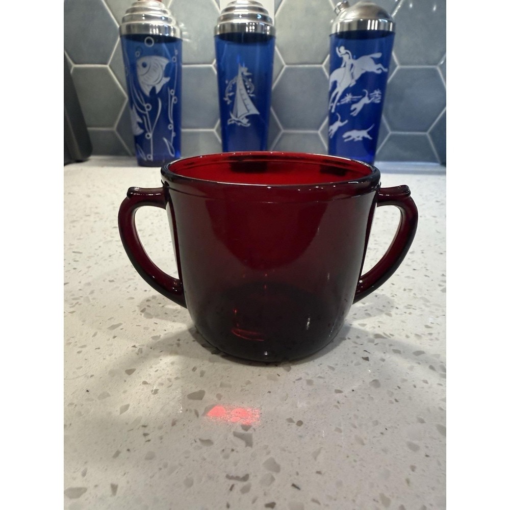 Anchor Hocking Royal Ruby Red Flat 2 Handled Sugar Bowl Depression Glass